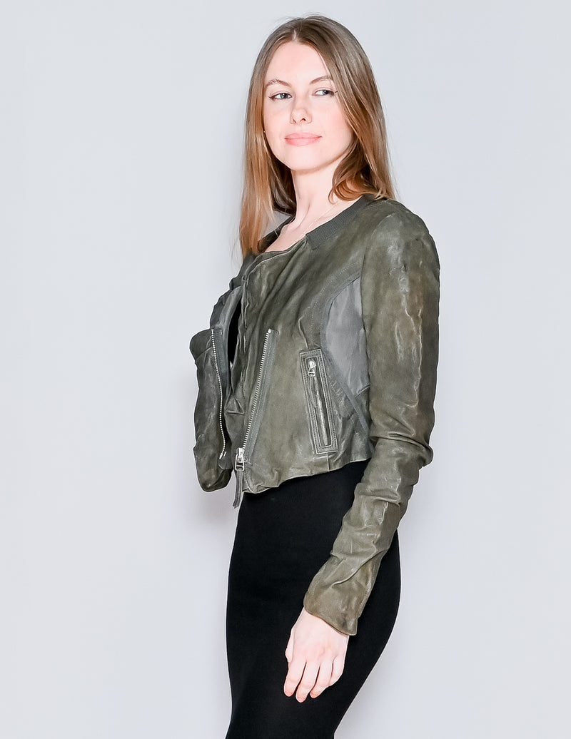 HANII Y Olive Sheepskin Leather Crop Jacket (XS)