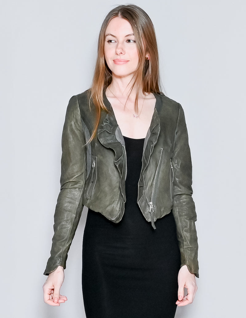 HANII Y Olive Sheepskin Leather Crop Jacket (XS)