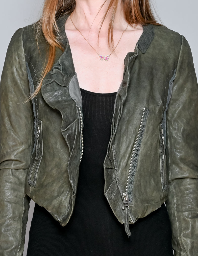 HANII Y Olive Sheepskin Leather Crop Jacket (XS)