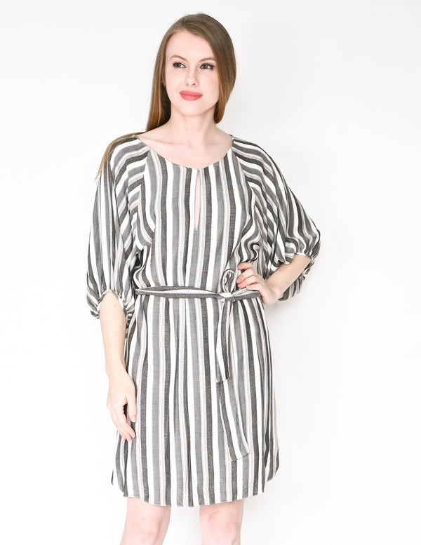 AMANDA UPRICHARD Striped Puff-Sleeve Belted Dress (Size S)