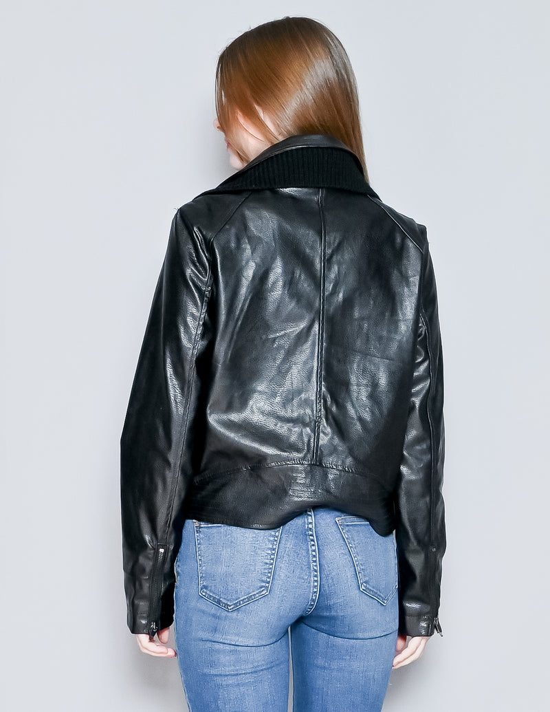 ETT:TWA Anthropologie Sweater Trim Faux Leather Jacket (M)