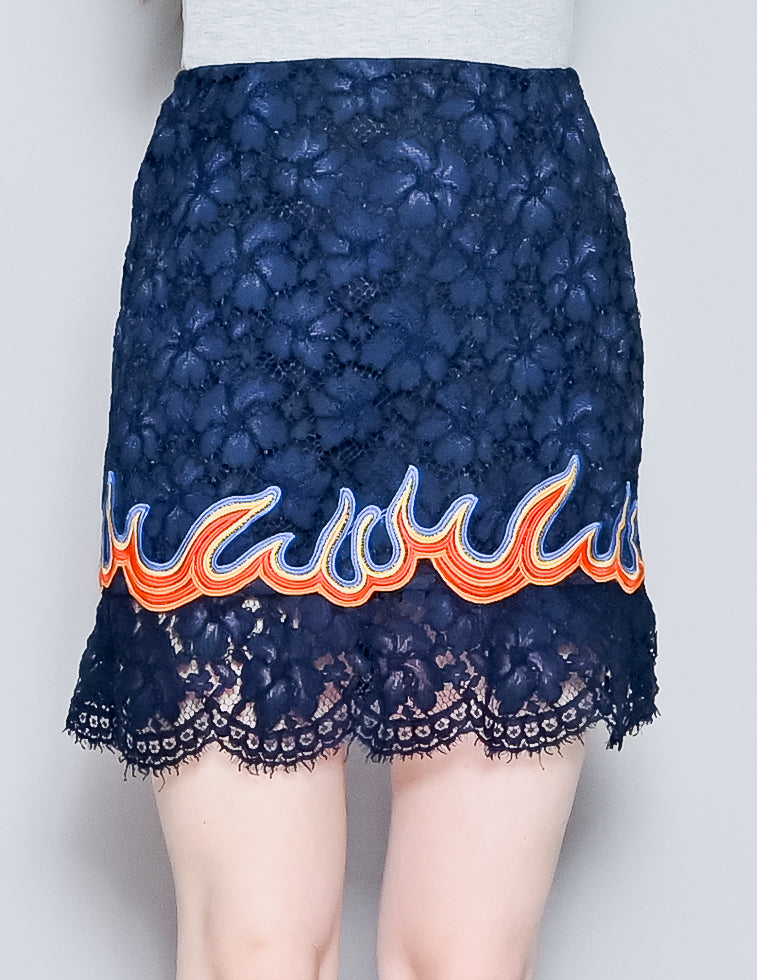 SANDRO Flame Fire Embroidery Navy Blue Lace Skirt (1/S)