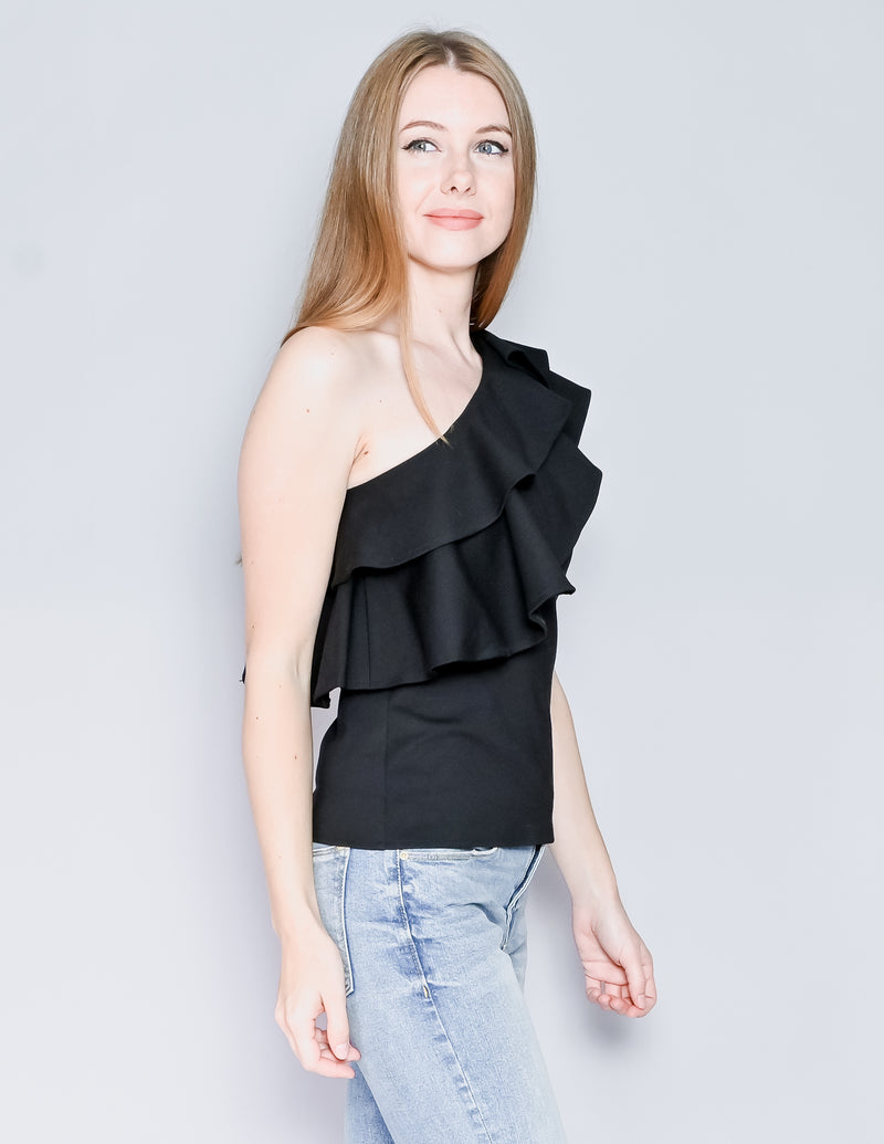 AMANDA UPRICHARD One-Shoulder Black Ruffle Top (S)