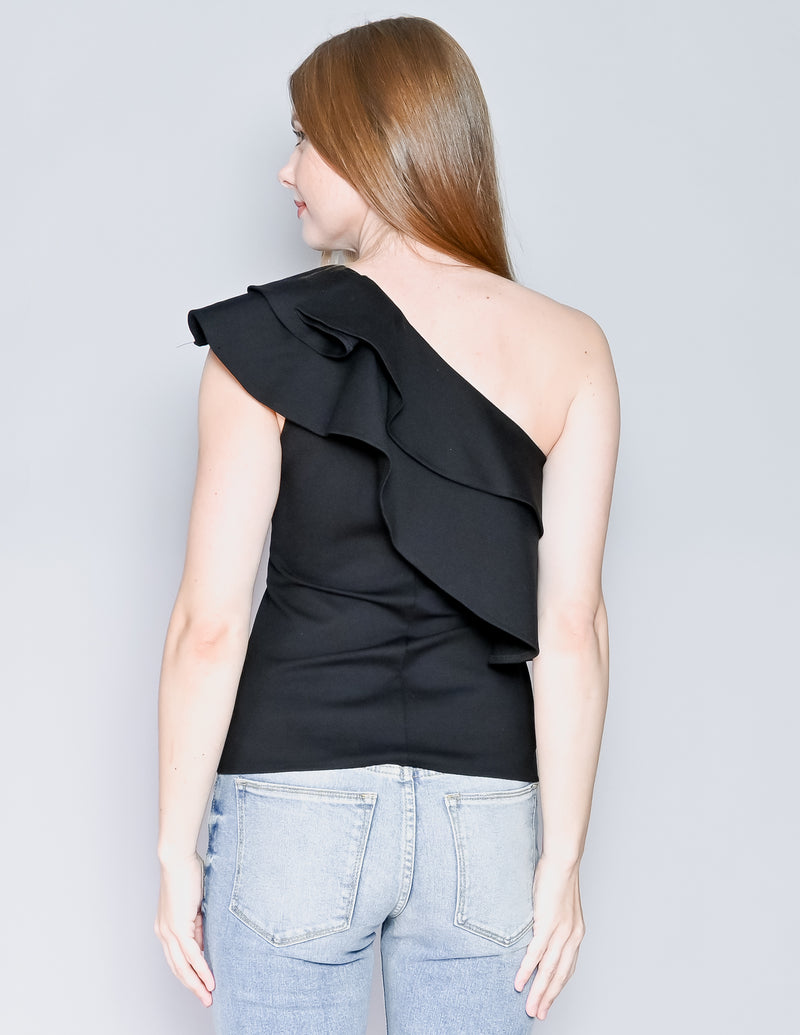 AMANDA UPRICHARD One-Shoulder Black Ruffle Top (S)