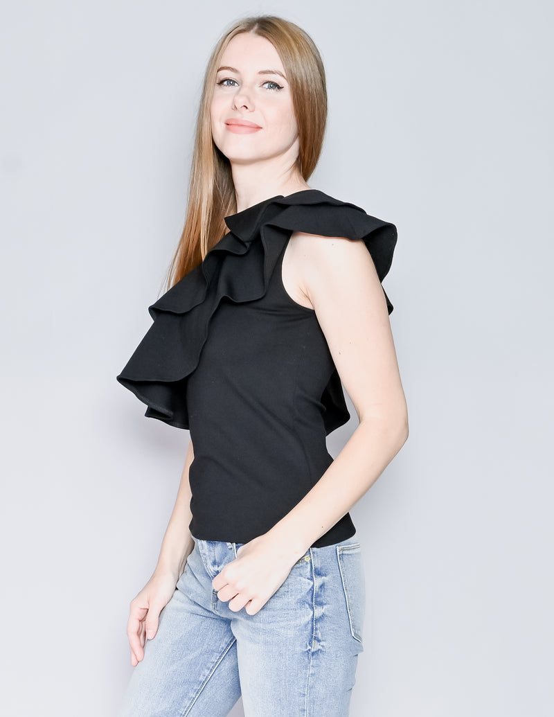 AMANDA UPRICHARD One-Shoulder Black Ruffle Top (S)