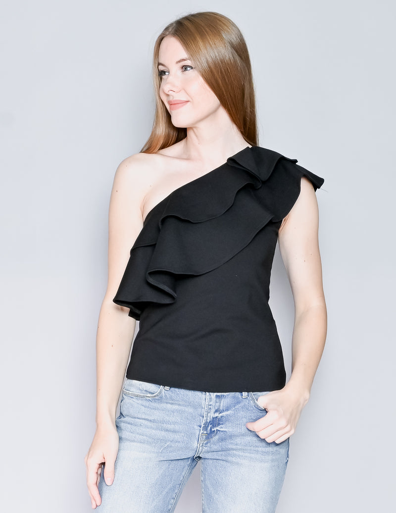 AMANDA UPRICHARD One-Shoulder Black Ruffle Top (S)