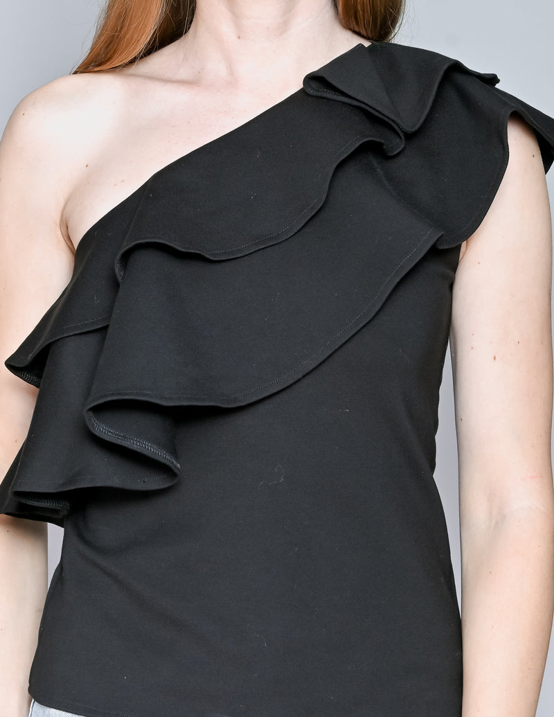 AMANDA UPRICHARD One-Shoulder Black Ruffle Top (S)