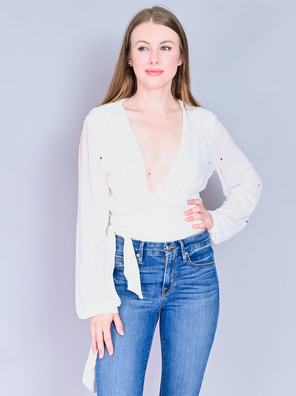 WILDFOX Ivory Starlet Jones Long-Sleeve Wrap Top (M)