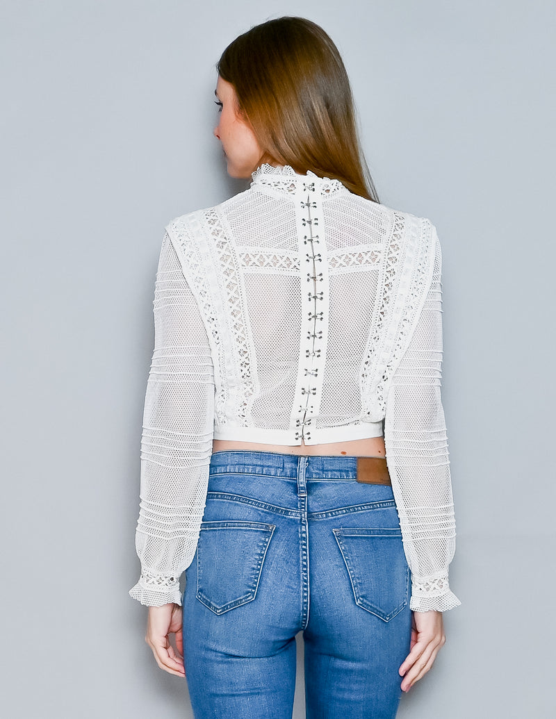 For Love & Lemons Lace Crochet Long Sleeve White Top