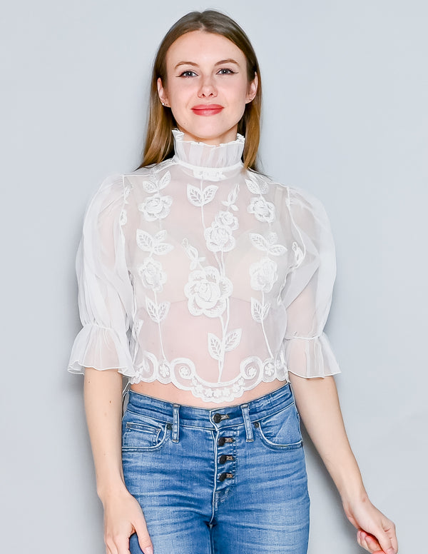 VINTAGE 70s White Organza Embroidered High-Neck Blouse XS