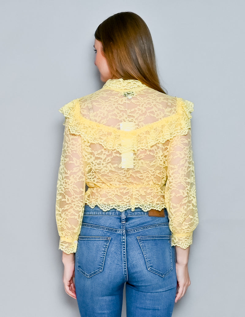 Calvin Luo Yellow Lace Ruffle-Trim Blouse