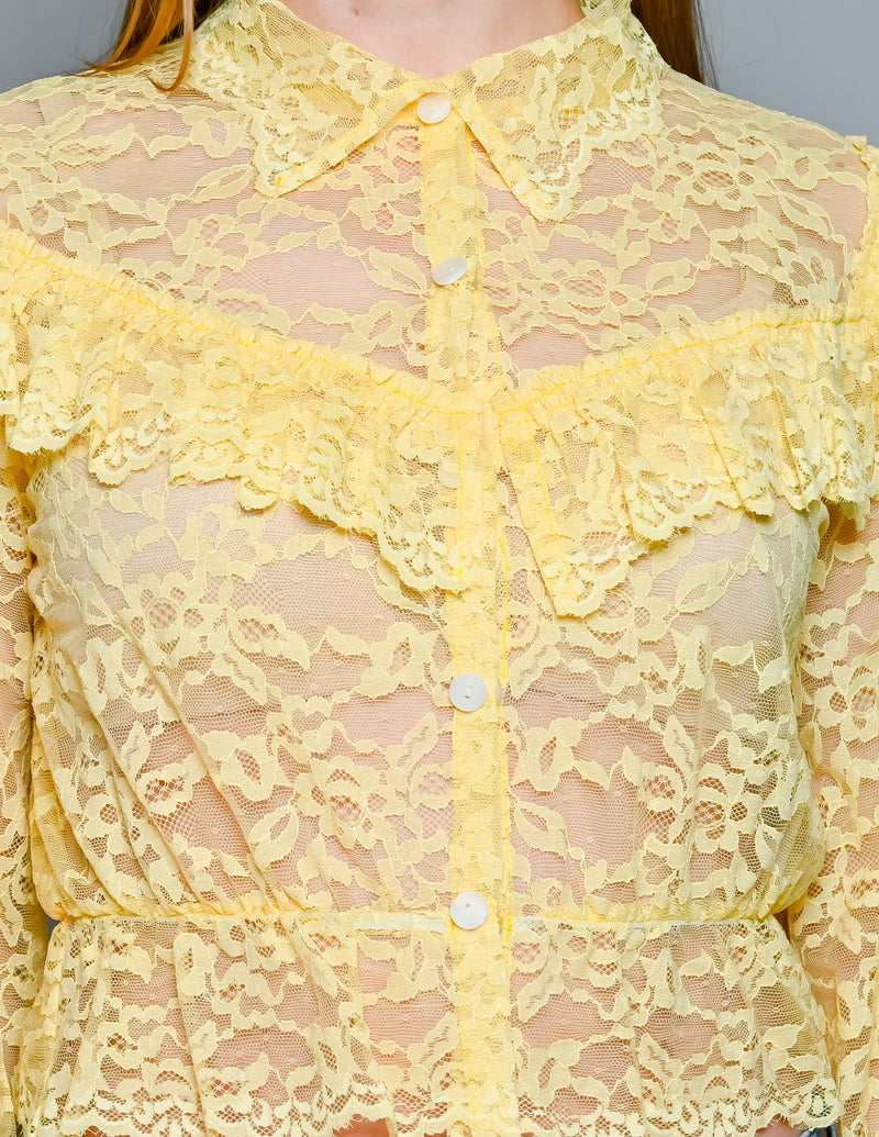 Calvin Luo Yellow Lace Ruffle-Trim Blouse