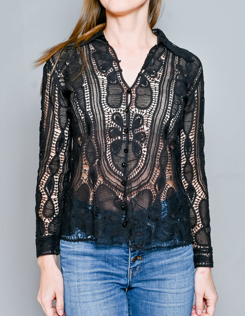 VINTAGE Black Venetian Guipure Lace Blouse (S)