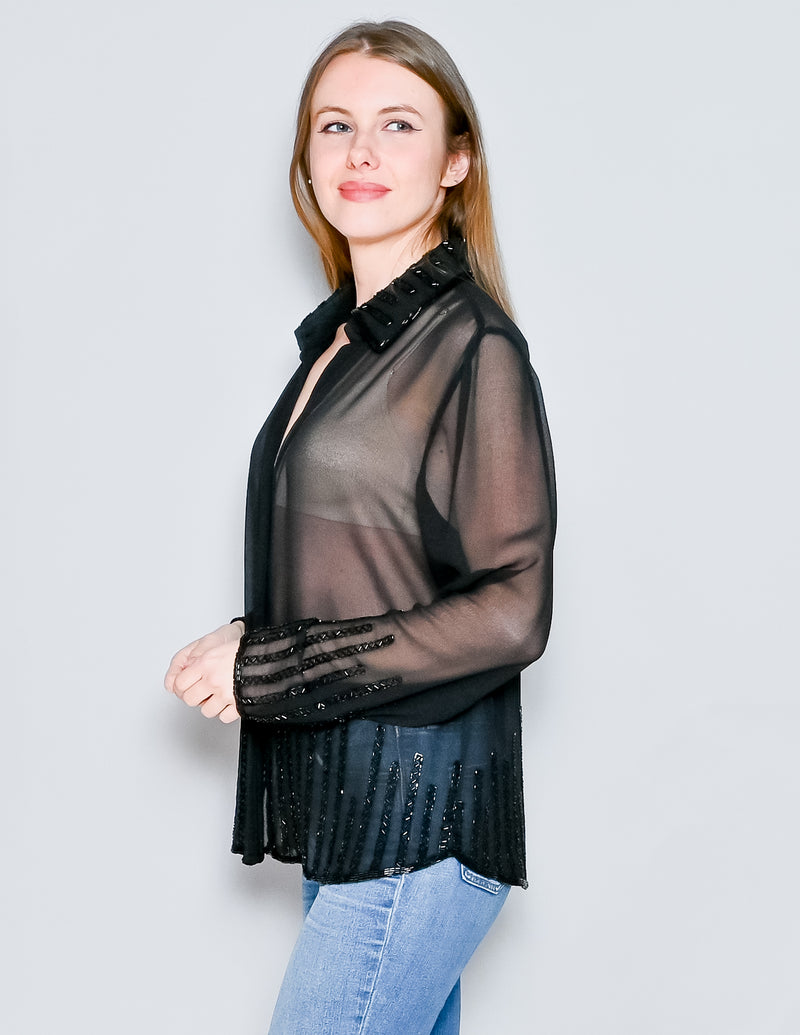 VINTAGE Cache 90s Black Sheer Beaded Blouse