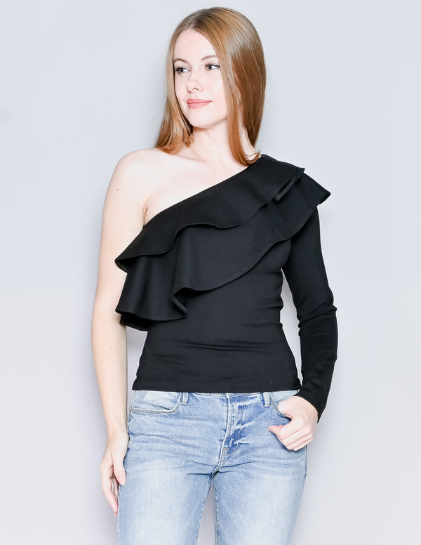 AMANDA UPRICHARD Black Carlita One-Shoulder Top (S)