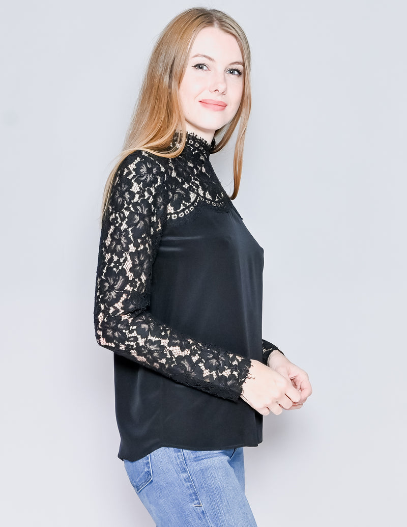 SANDRO Black Lace Contrast Silk Long-Sleeve Top (1/S)