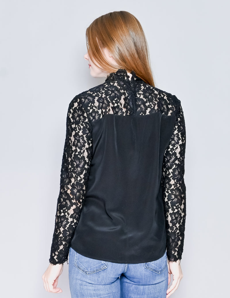 SANDRO Black Lace Contrast Silk Long-Sleeve Top (1/S)