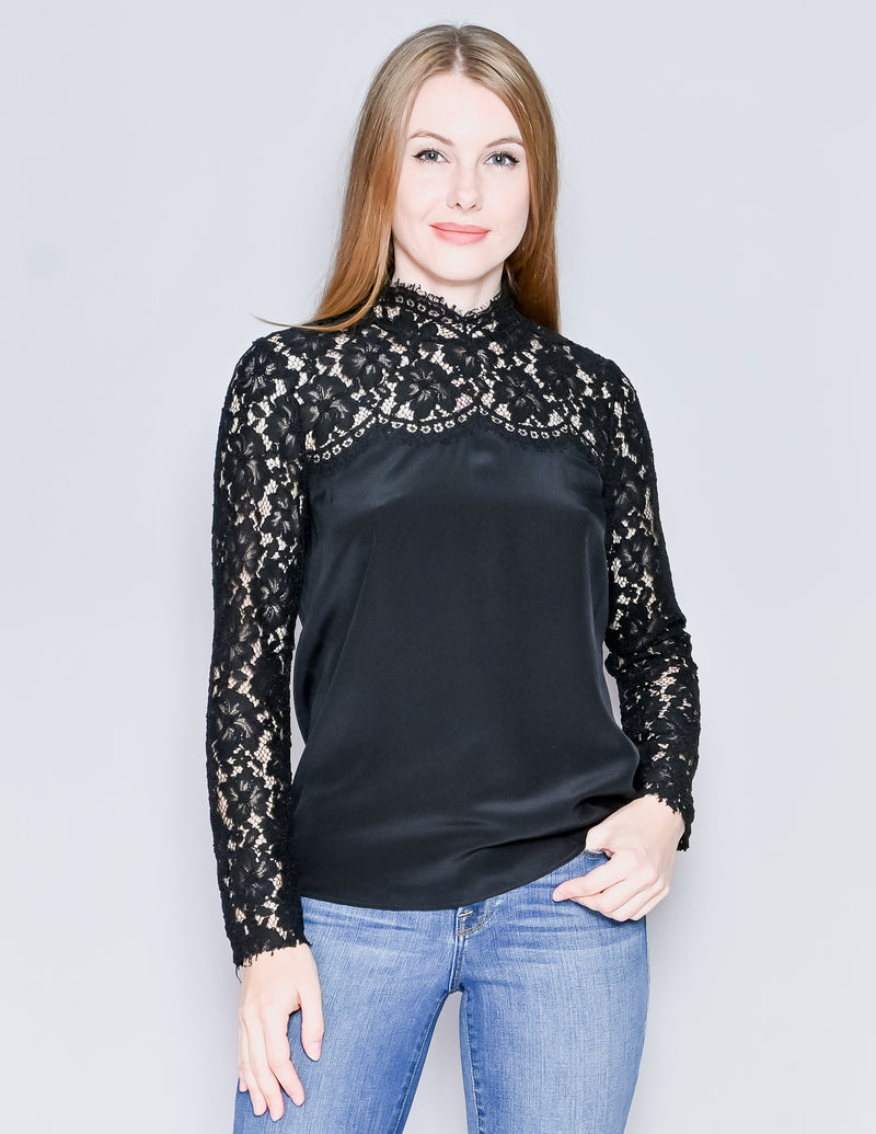 SANDRO Black Lace Contrast Silk Long-Sleeve Top (1/S)