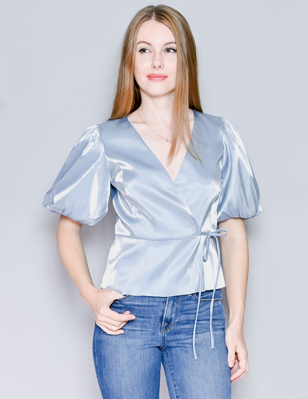AMANDA UPRICHARD Shimmer Blue Puff-Sleeve Maggie Top NWT (S)