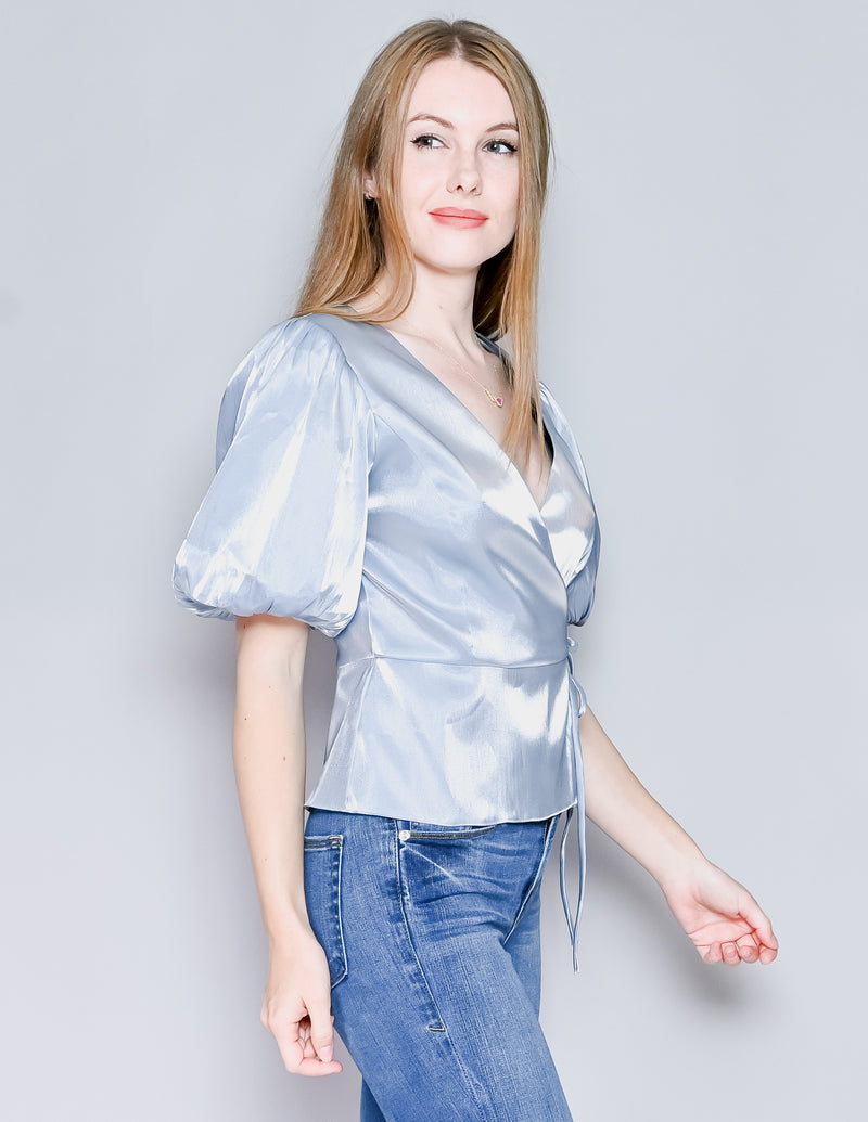 AMANDA UPRICHARD Shimmer Blue Puff-Sleeve Maggie Top NWT (S)
