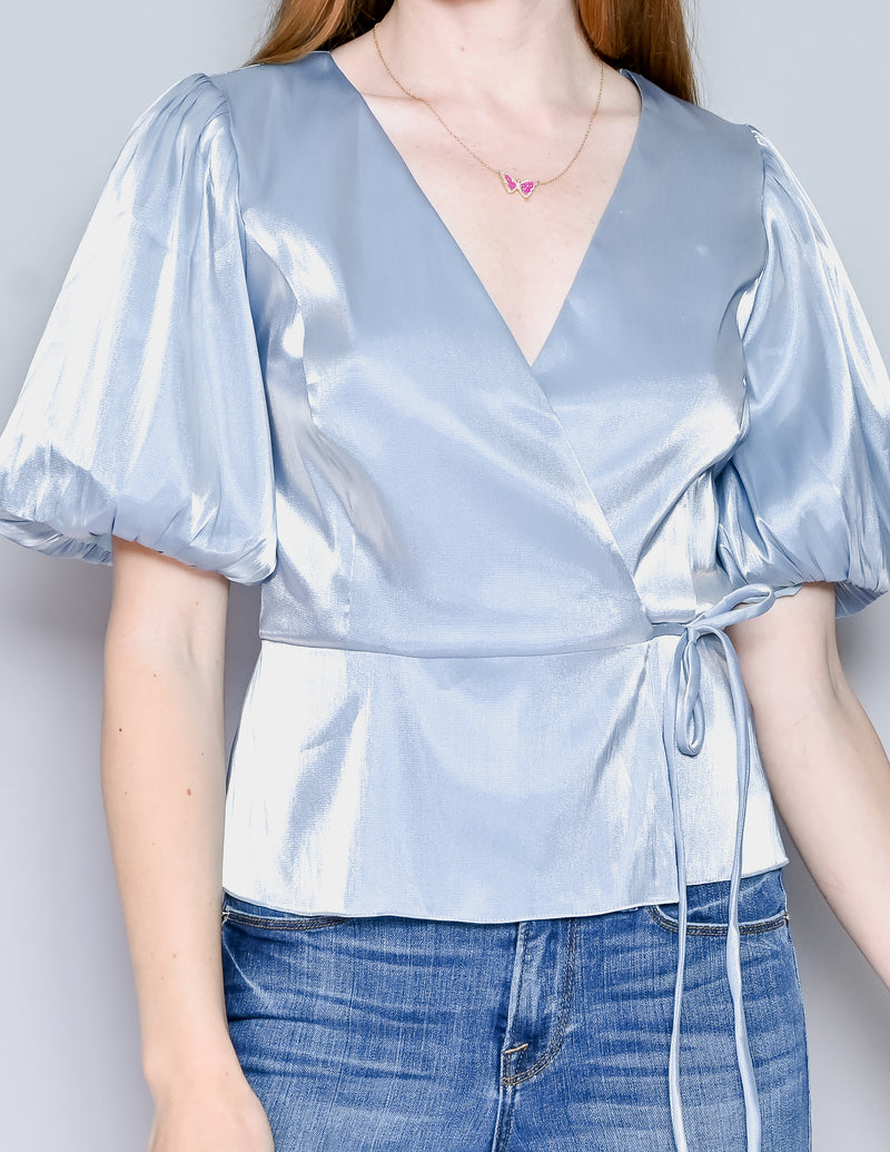 AMANDA UPRICHARD Shimmer Blue Puff-Sleeve Maggie Top NWT (S)