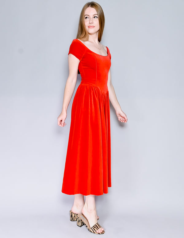 VINTAGE Laura Ashley Red Velvet Midi Dress (XS-S)