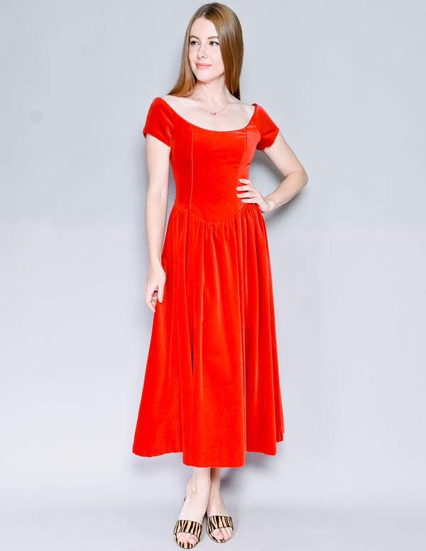 VINTAGE Laura Ashley Red Velvet Midi Dress (XS-S)