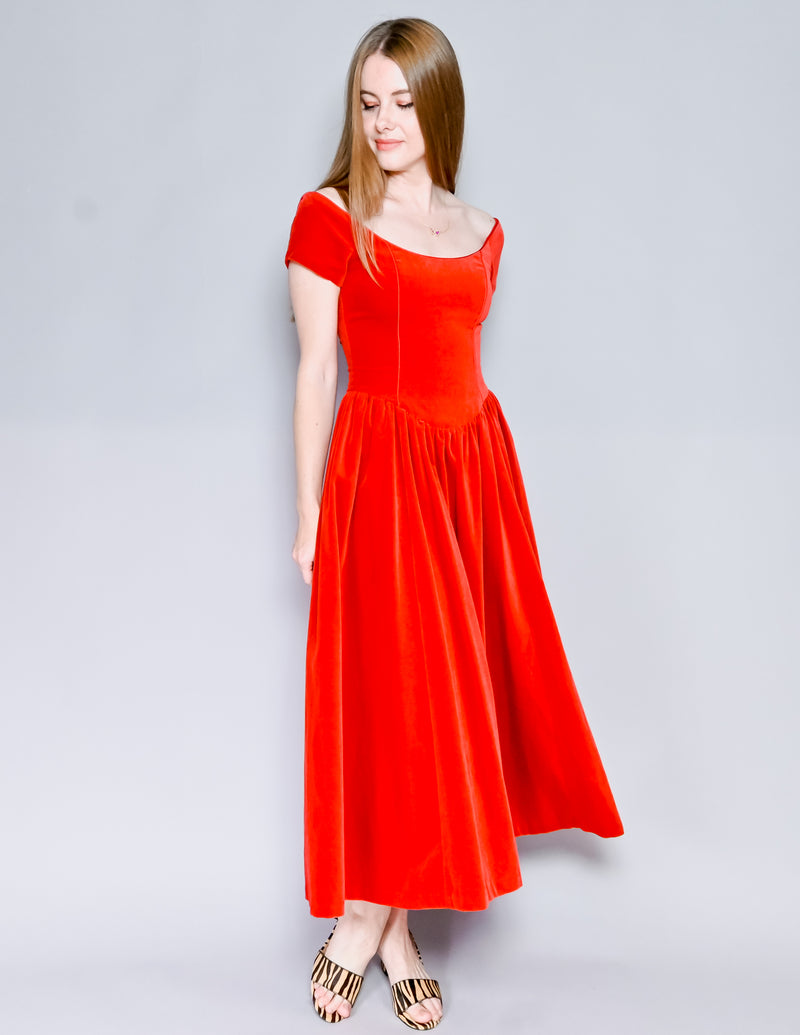 VINTAGE Laura Ashley Red Velvet Midi Dress (XS-S)