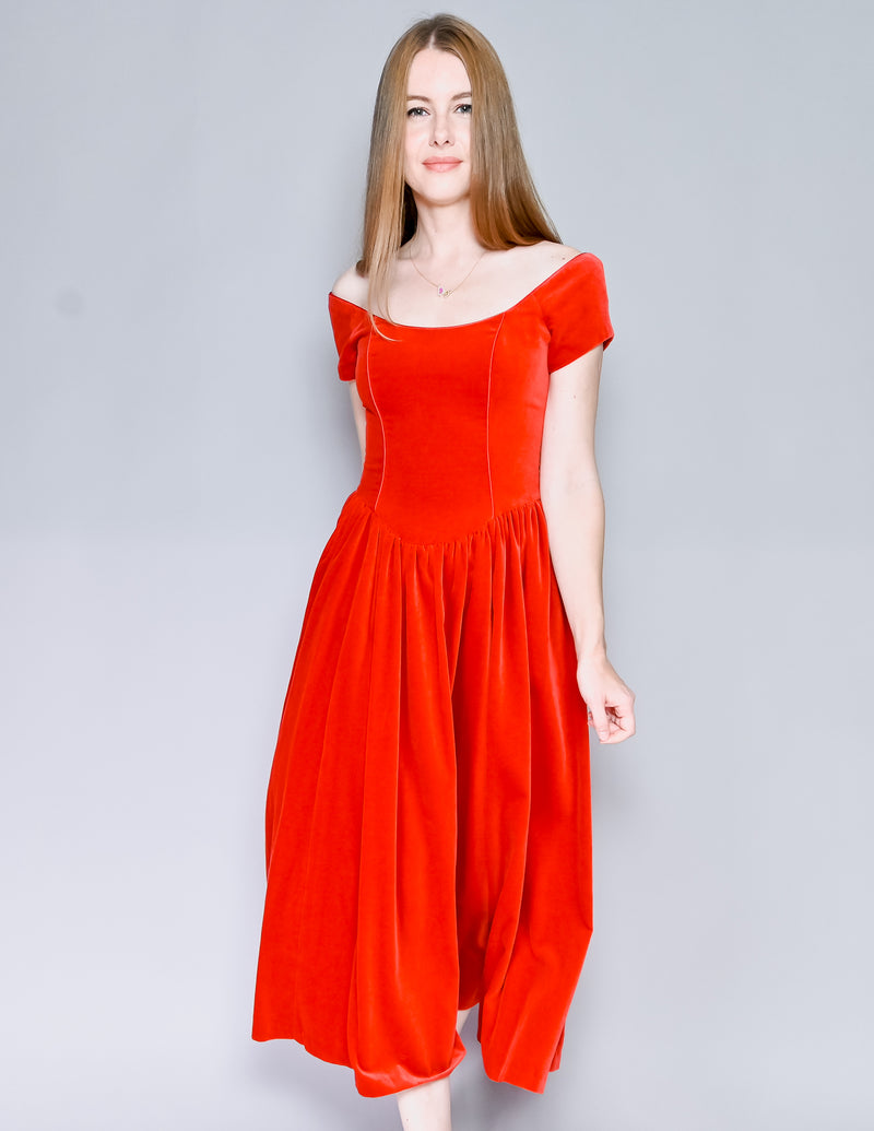 VINTAGE Laura Ashley Red Velvet Midi Dress (XS-S)