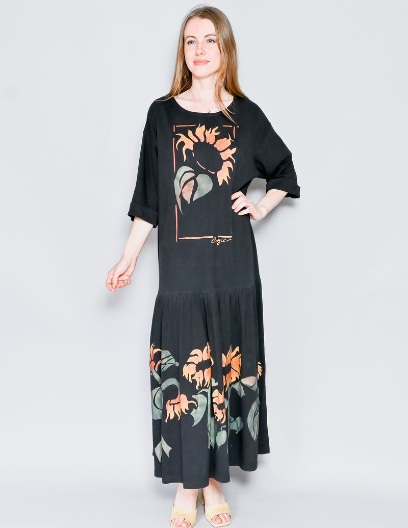 VINTAGE Avyca Hand-Painted Sunflower Black Maxi Dress (M/L)