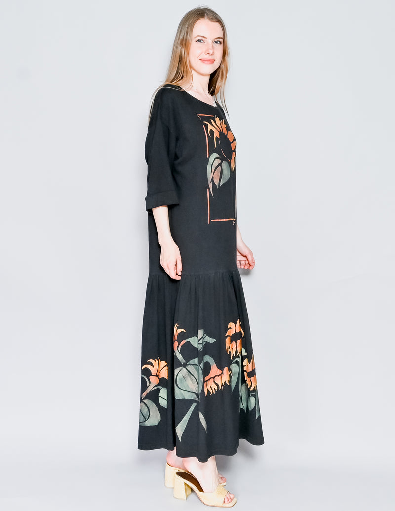 VINTAGE Avyca Hand-Painted Sunflower Black Maxi Dress (M/L)