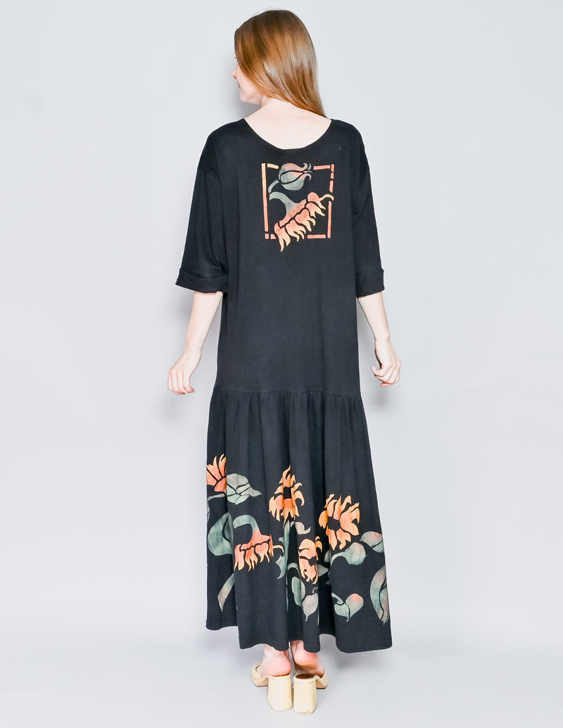 VINTAGE Avyca Hand-Painted Sunflower Black Maxi Dress (M/L)