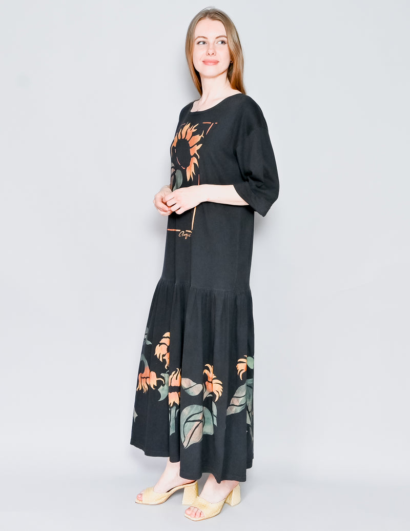 VINTAGE Avyca Hand-Painted Sunflower Black Maxi Dress (M/L)