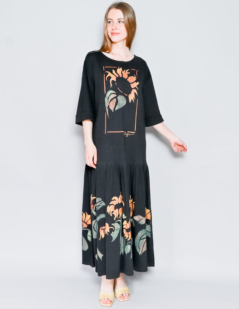 VINTAGE Avyca Hand-Painted Sunflower Black Maxi Dress (M/L)