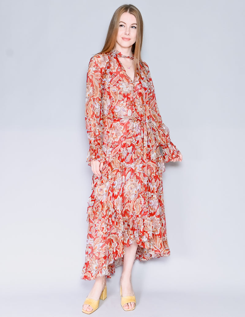 ZIMMERMANN Red Floral Ruffled Midi Dress (XS-S)