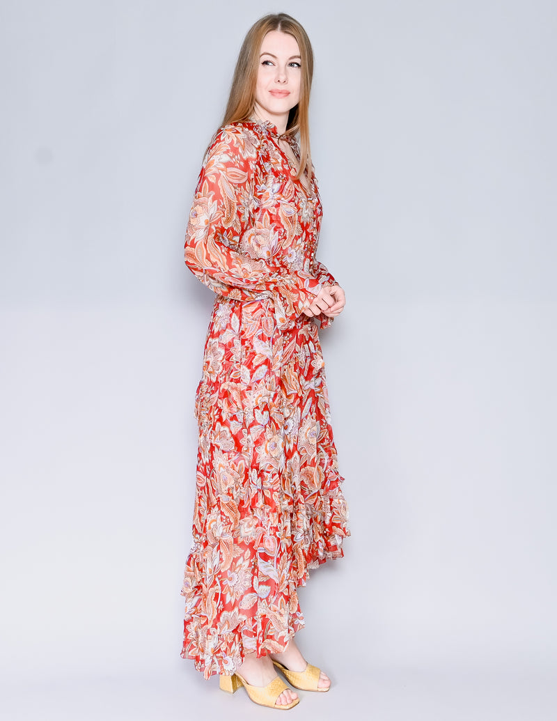 ZIMMERMANN Red Floral Ruffled Midi Dress (XS-S)