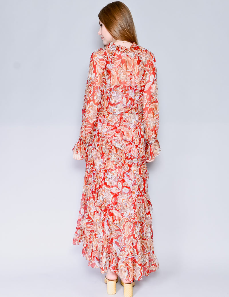 ZIMMERMANN Red Floral Ruffled Midi Dress (XS-S)