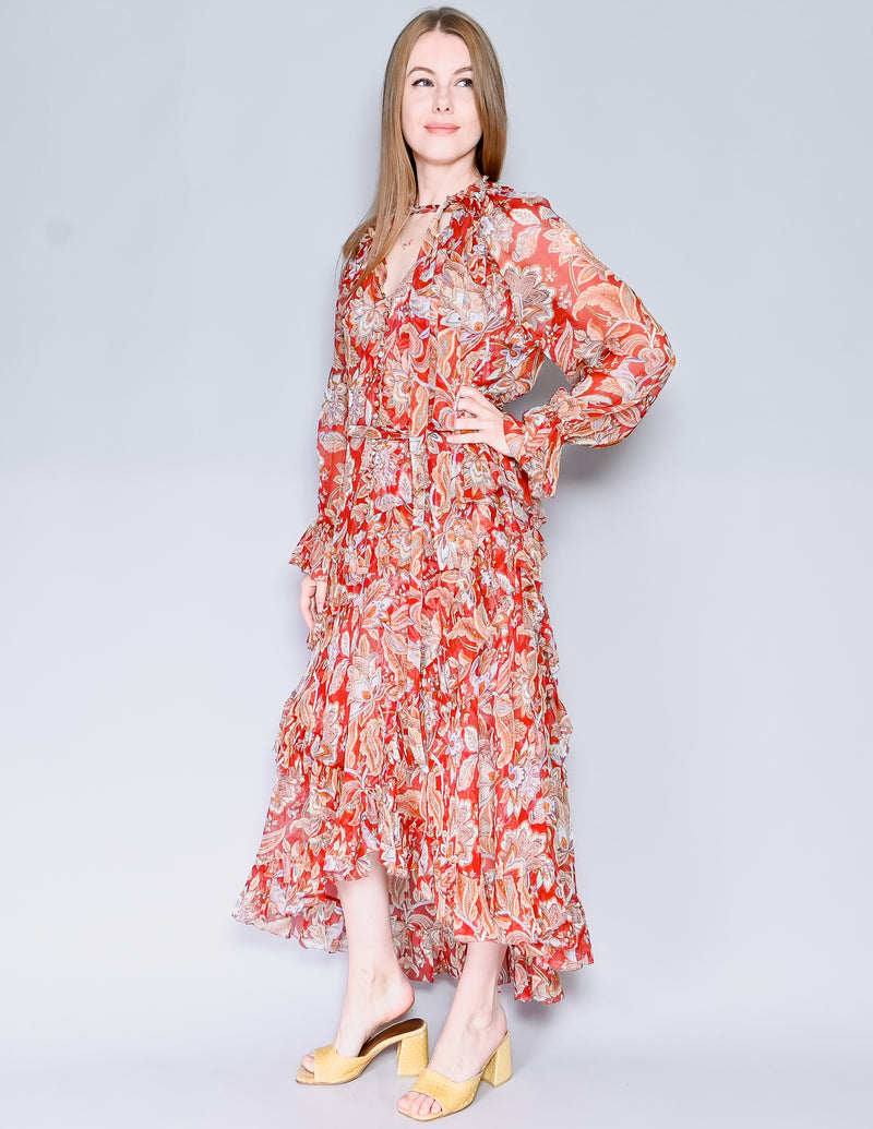 ZIMMERMANN Red Floral Ruffled Midi Dress (XS-S)