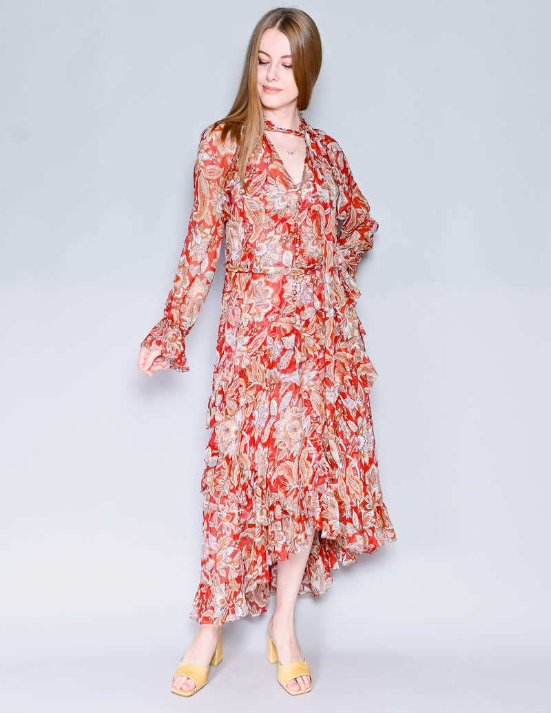 ZIMMERMANN Red Floral Ruffled Midi Dress (XS-S)