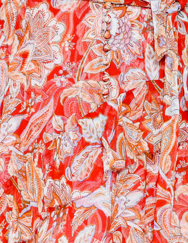ZIMMERMANN Red Floral Ruffled Midi Dress (XS-S)