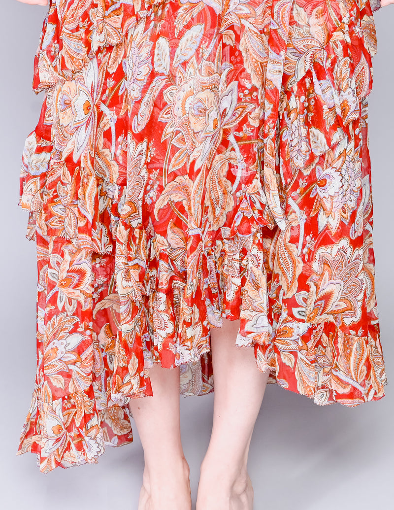 ZIMMERMANN Red Floral Ruffled Midi Dress (XS-S)