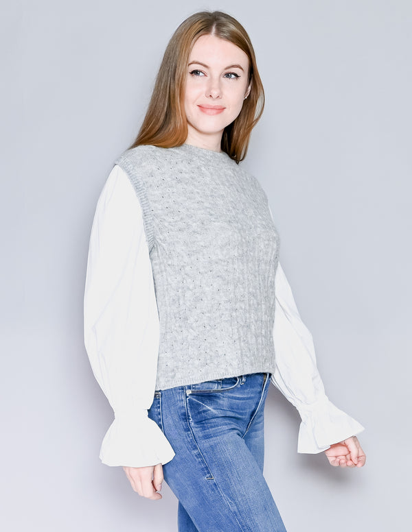 SOMETHING NAVY Shirt-Sleeve Gray Sweater (S)