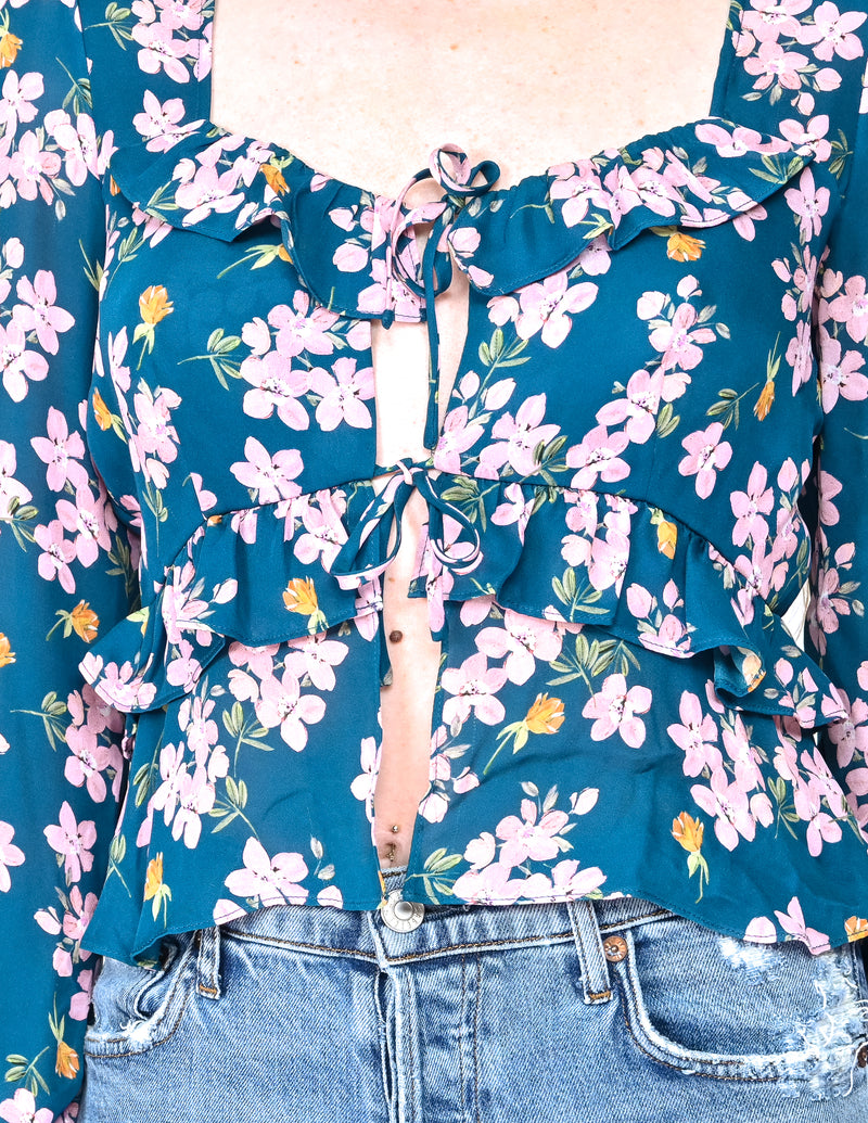 INTERMIX Teal Floral Print Tie Front Ruffle Blouse (Size 2)