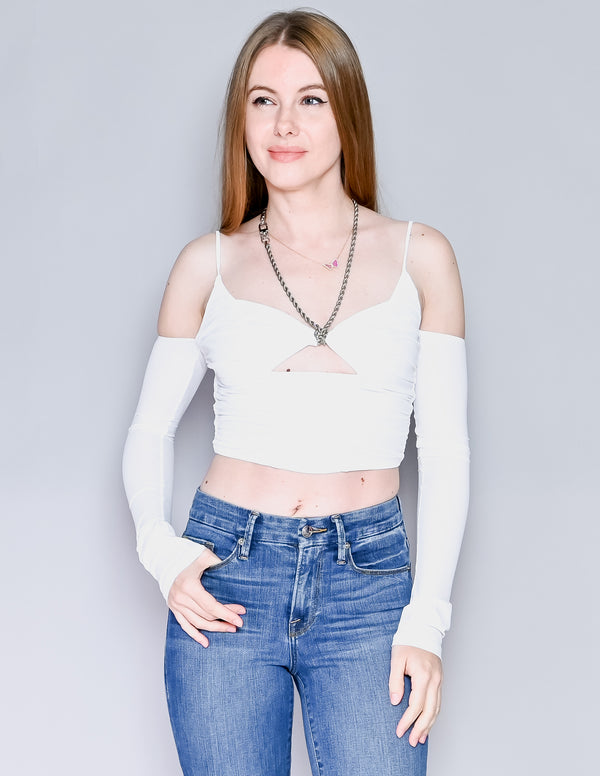 DANZ White Chain Halter Long-Sleeve Ruched Top (S)