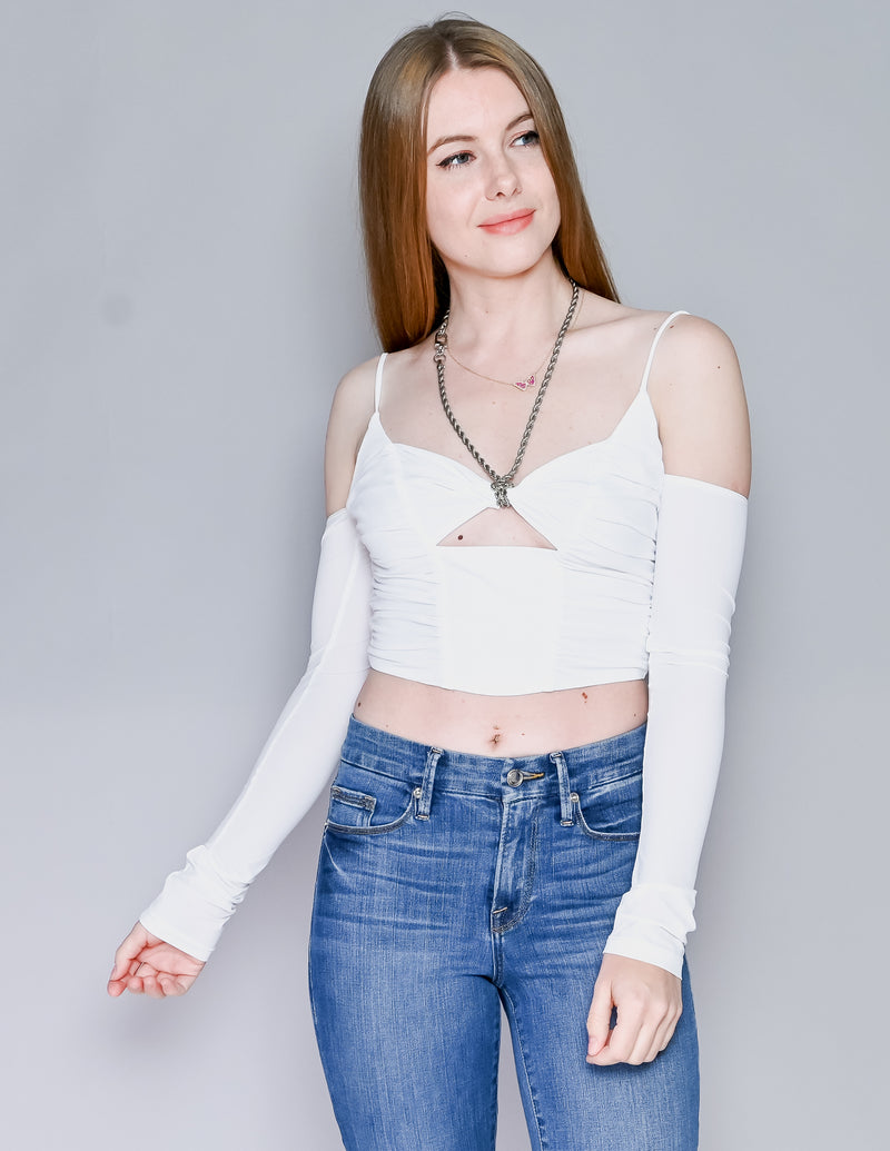 DANZ White Chain Halter Long-Sleeve Ruched Top (S)