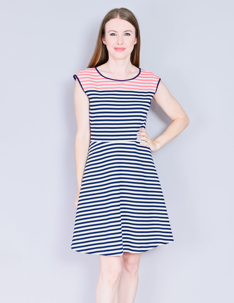 DRAPER JAMES Striped Ponte A-Line Cap-Sleeve Dress (M)