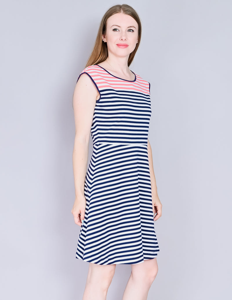 DRAPER JAMES Striped Ponte A-Line Cap-Sleeve Dress (M)