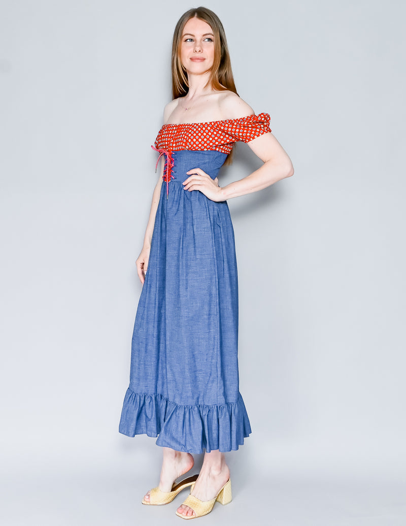 VINTAGE 70s Off-Shoulder Floral & Denim Lace-Up Waist Maxi Dress (XS)