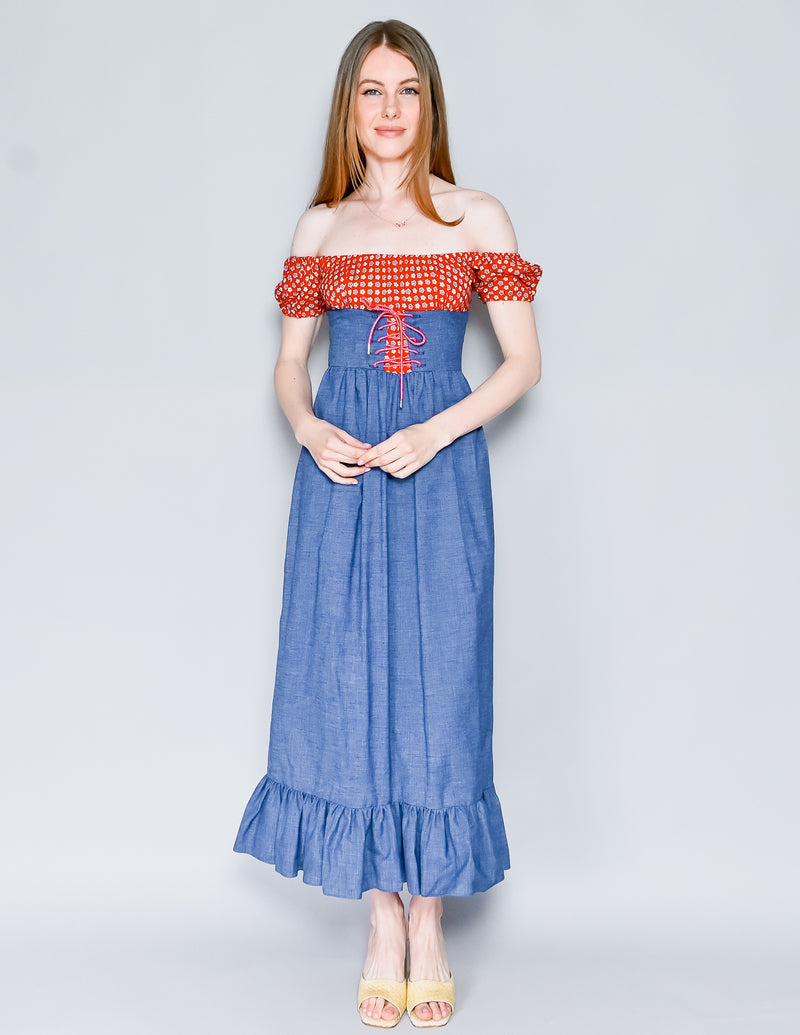VINTAGE 70s Off-Shoulder Floral & Denim Lace-Up Waist Maxi Dress (XS)