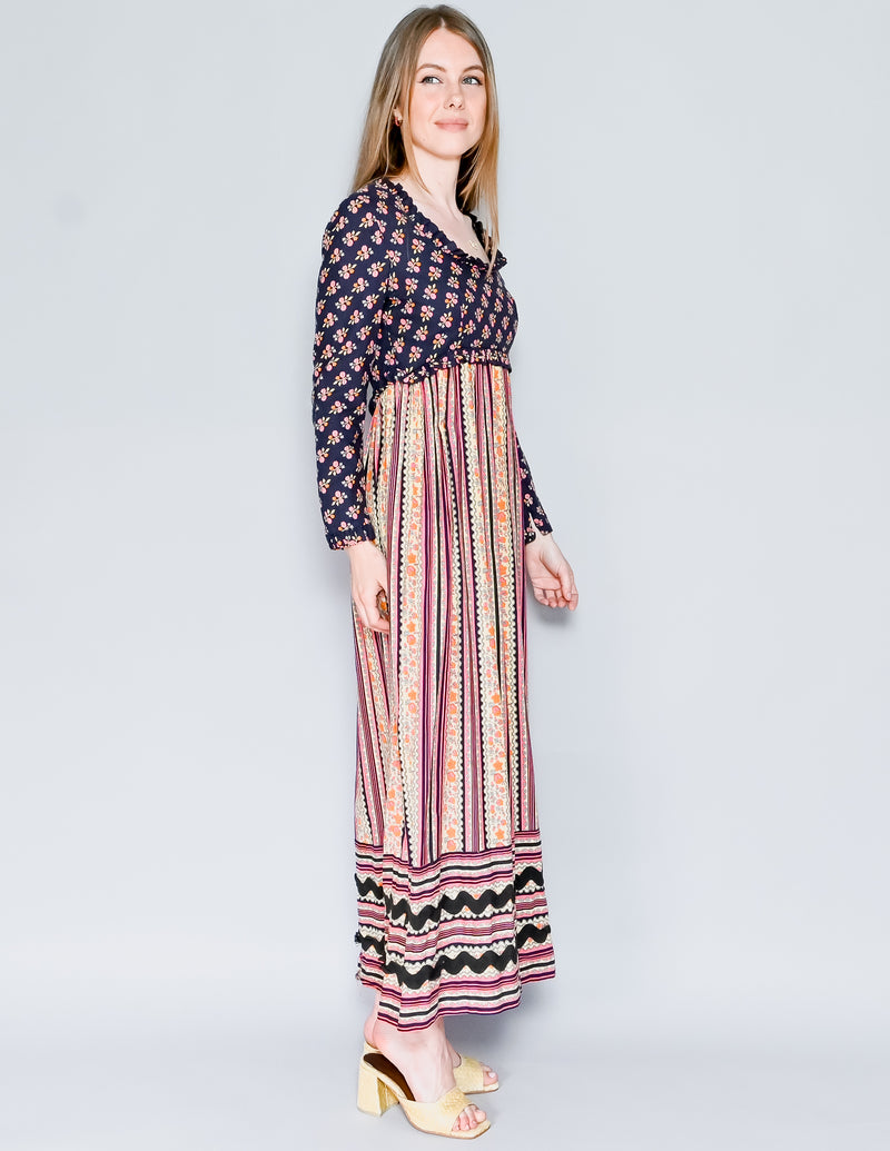 VINTAGE R.S.V.P. Long-Sleeve Empire-Waist Floral Maxi Dress (S)